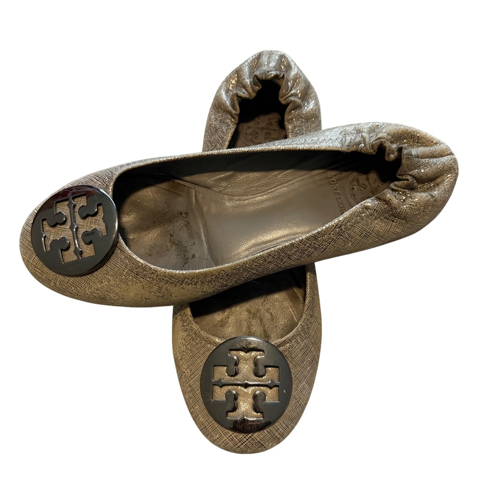 Tory Burch Minnie Travel Flats Silver Gold Taupe Metallic Textured Logo 6.5